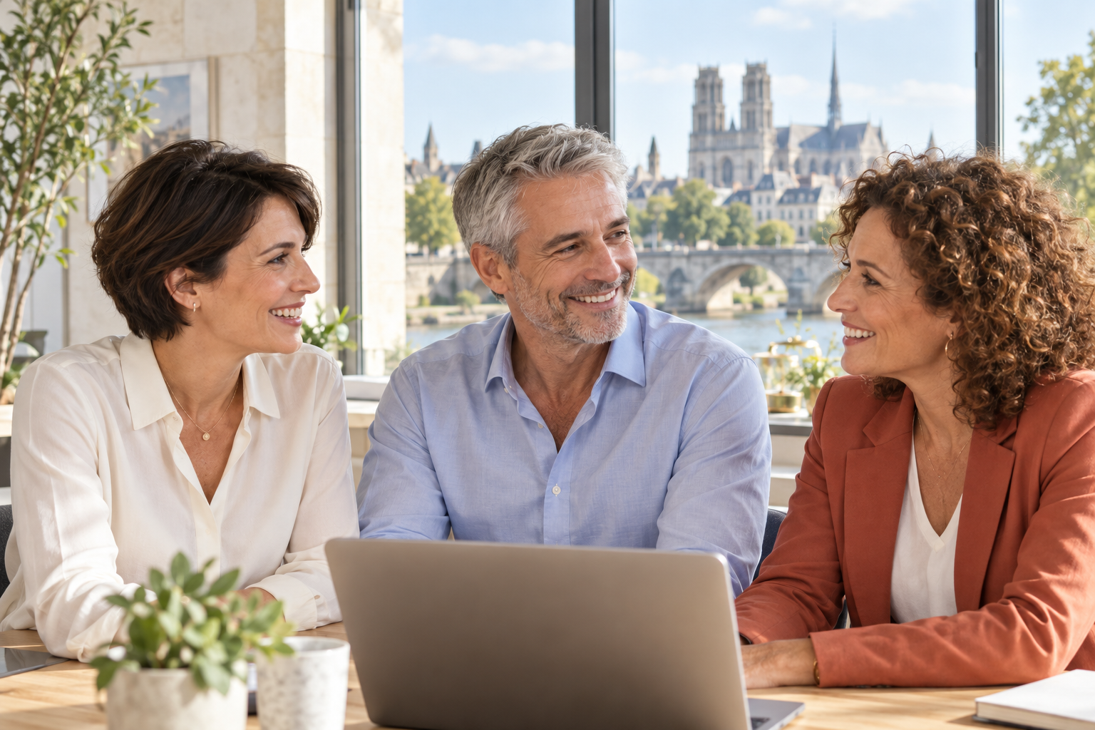 Trois professionnels souriants dans un bureau avec un décor inspiré d’Orléans